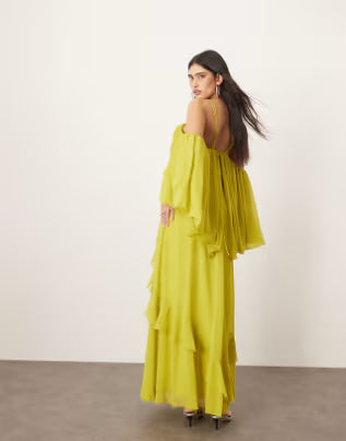 deborah-cold shoulder ruffle full midi dress in lime green