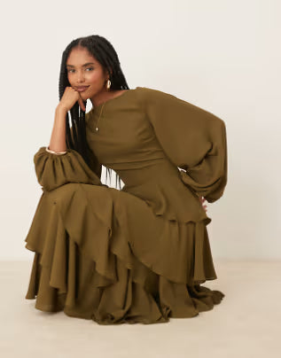 deborah- lace up back ruffle maxi dress in deep olive