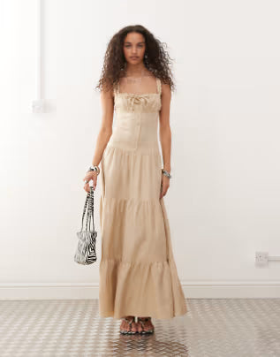 deborah-milkmaid button detail tiered maxi dress in beige