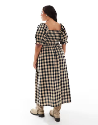 deborah-short sleeve shirred midi dress in brown check