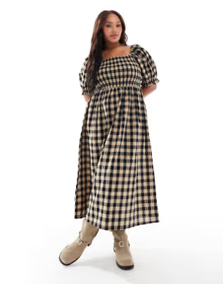 deborah-short sleeve shirred midi dress in brown check