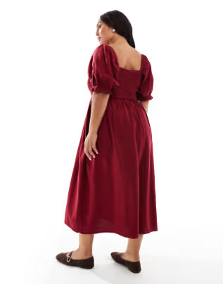 deborah-milkmaid puff sleeve midi dress in burgundy