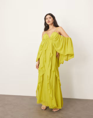 deborah-cold shoulder ruffle full midi dress in lime green