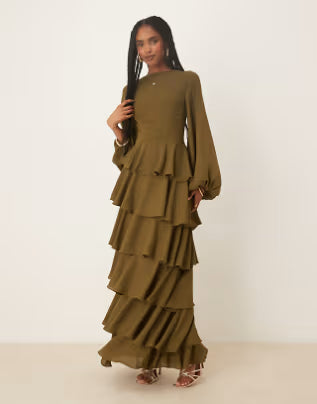 deborah- lace up back ruffle maxi dress in deep olive