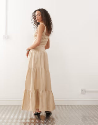 deborah-milkmaid button detail tiered maxi dress in beige