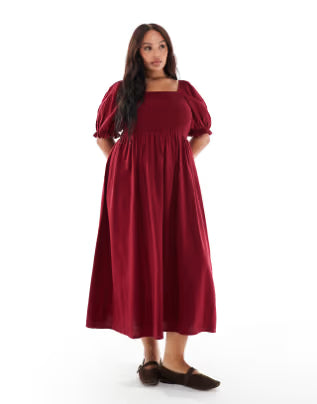deborah-milkmaid puff sleeve midi dress in burgundy